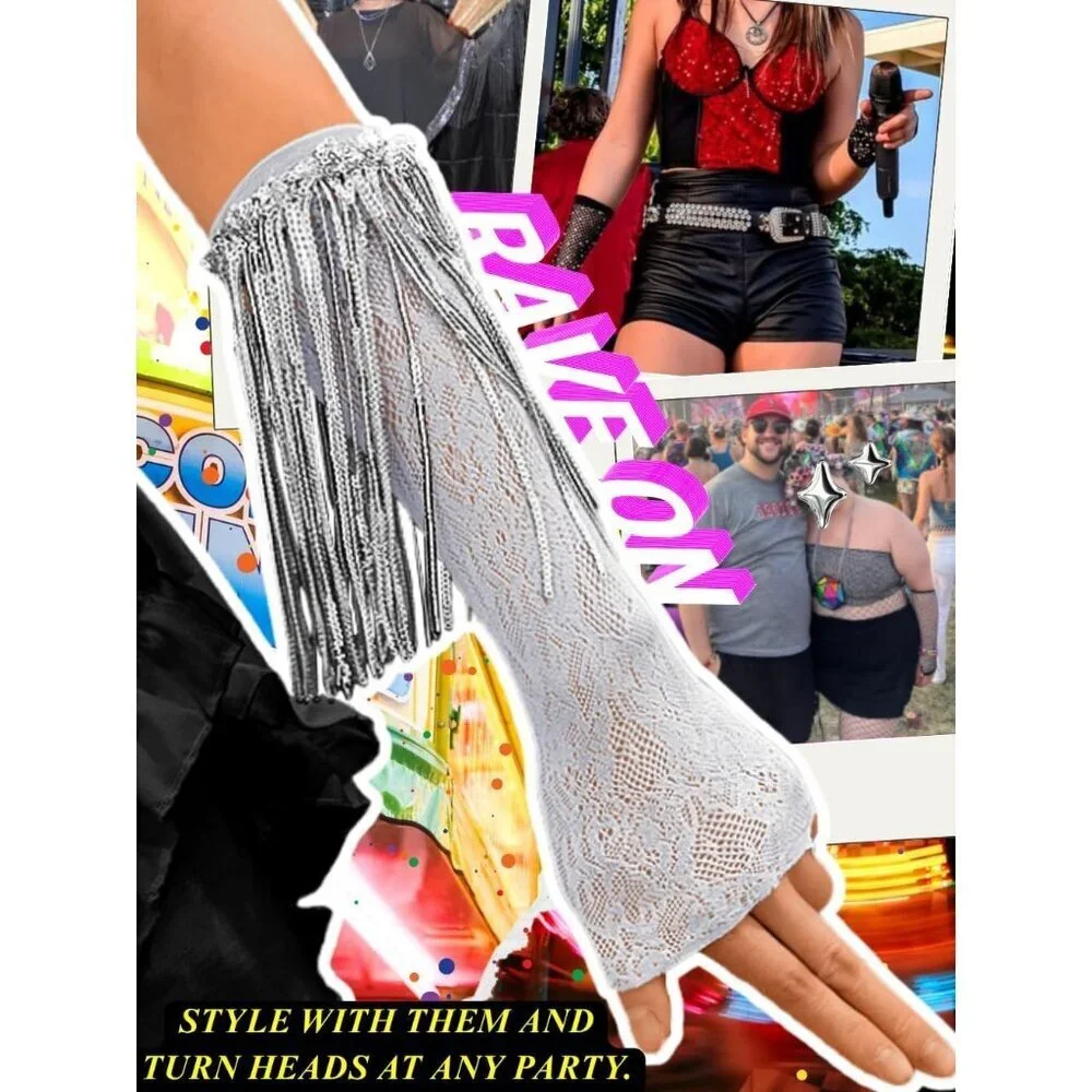 Women's Sparkly Sequin Gray Fingerless Fringe Lace Arm Sleeves Party Gloves